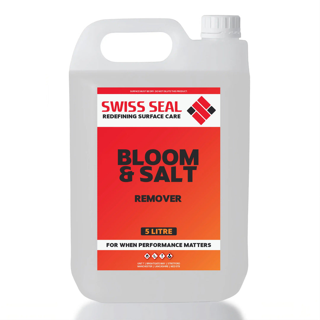 Swiss Seal Bloom Remover: powerful alkaline patio and driveway cleaner removing lichen, algae and efflorescence.