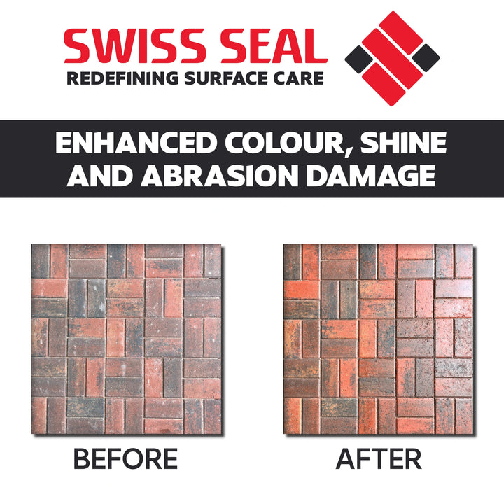 Swiss Seal Block Paving Sealer: patio and driveway sealant in a white container with red label on white.