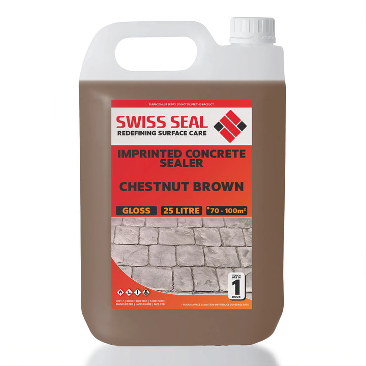 Swiss Seal Imprinted concrete tinted sealer – Chestnut Brown Gloss 25 L patio and driveway sealer container with handle.