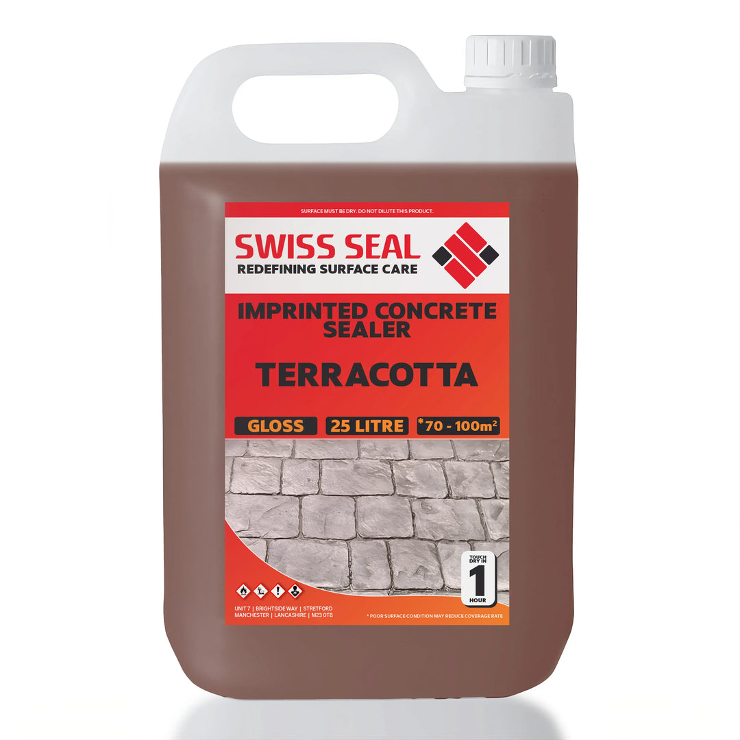 Swiss Seal Imprinted Concrete Tinted Sealer 25 L Terracotta Gloss: patio and driveway sealers jug on white background.