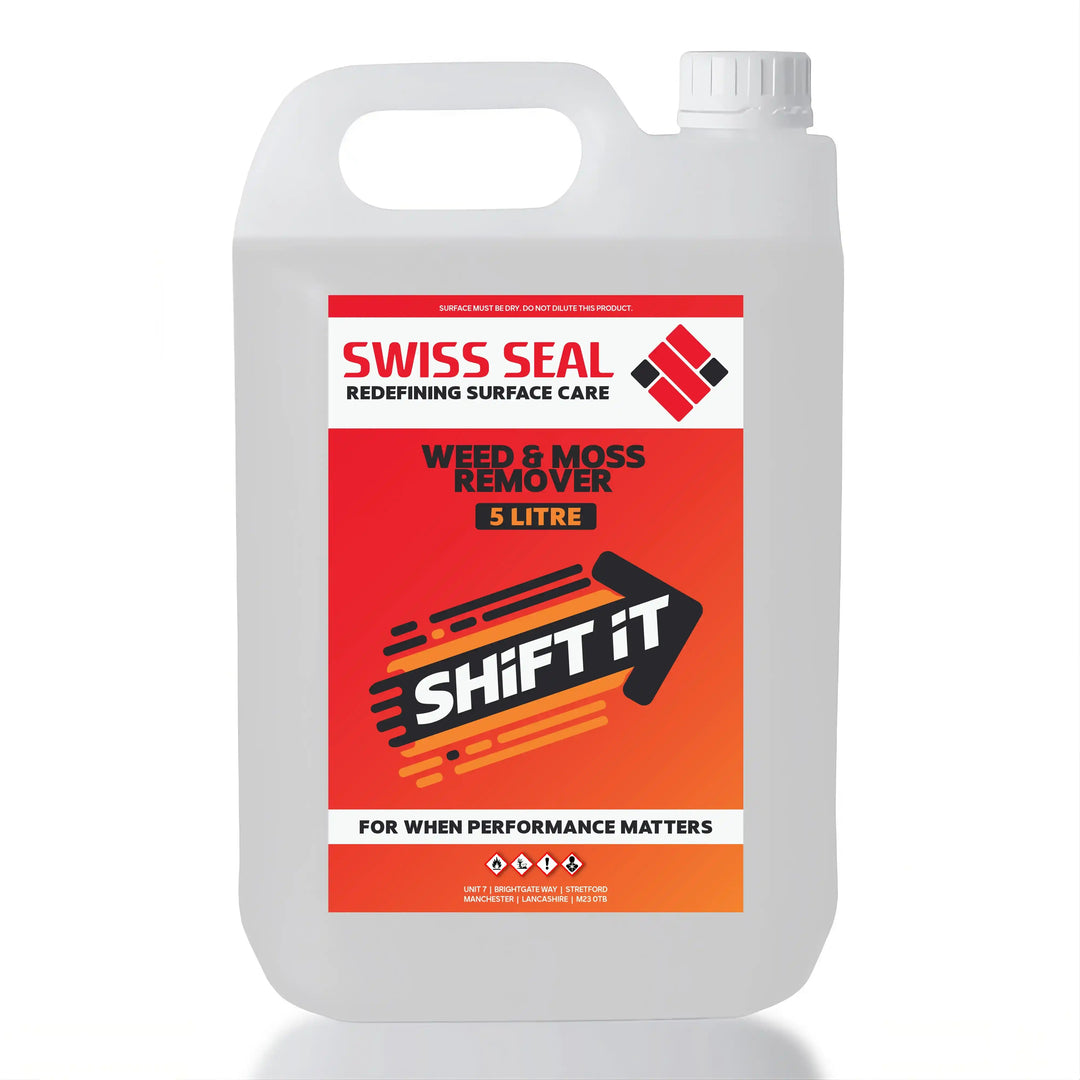 Swiss Seal Weed & Moss Remover: powerful patio and driveway cleaner in a spray bottle with trigger applicator on white.